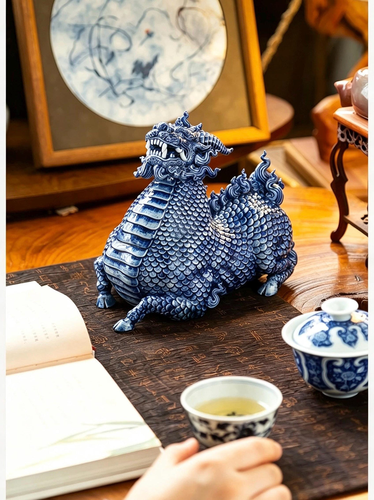 Jingdezhen Ceramic Water Qilin Tea Pet Incense Burner, Creative Mythical Beast Statue, Oriental Home Office Desk Decor Wealth Gift