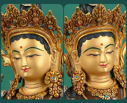 Nepalese Green Tara Statue, Copper Gold Silver Plated Buddhist Goddess Statue, Handmade Tibetan Shrine Altar Home Desktop Decor