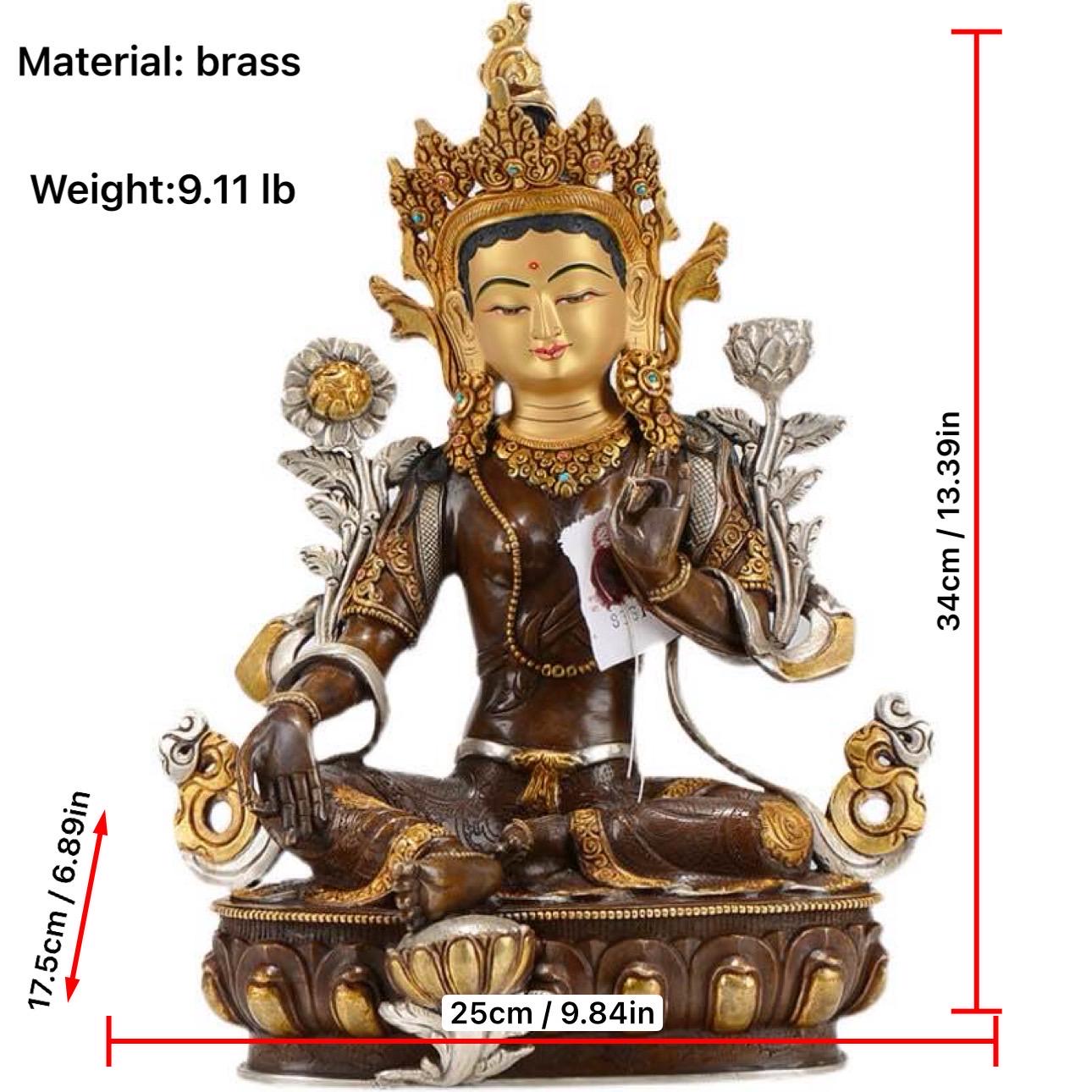 Nepalese Green Tara Statue, Copper Gold Silver Plated Buddhist Goddess Statue, Handmade Tibetan Shrine Altar Home Desktop Decor