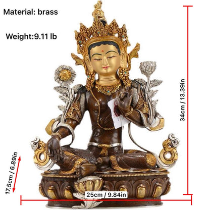 Nepalese Green Tara Statue, Copper Gold Silver Plated Buddhist Goddess Statue, Handmade Tibetan Shrine Altar Home Desktop Decor