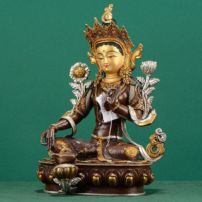 Nepalese Green Tara Statue, Copper Gold Silver Plated Buddhist Goddess Statue, Handmade Tibetan Shrine Altar Home Desktop Decor