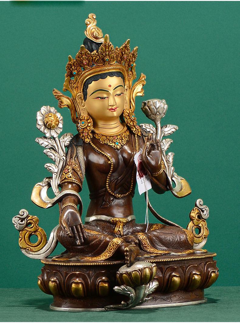 Nepalese Green Tara Statue, Copper Gold Silver Plated Buddhist Goddess Statue, Handmade Tibetan Shrine Altar Home Desktop Decor