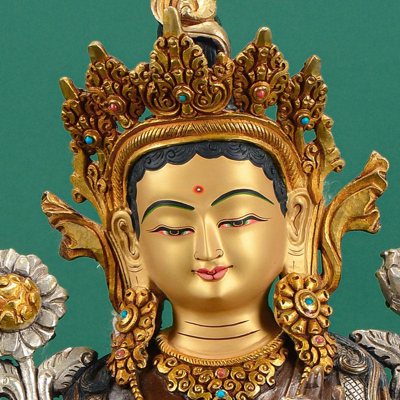 Nepalese Green Tara Statue, Copper Gold Silver Plated Buddhist Goddess Statue, Handmade Tibetan Shrine Altar Home Desktop Decor