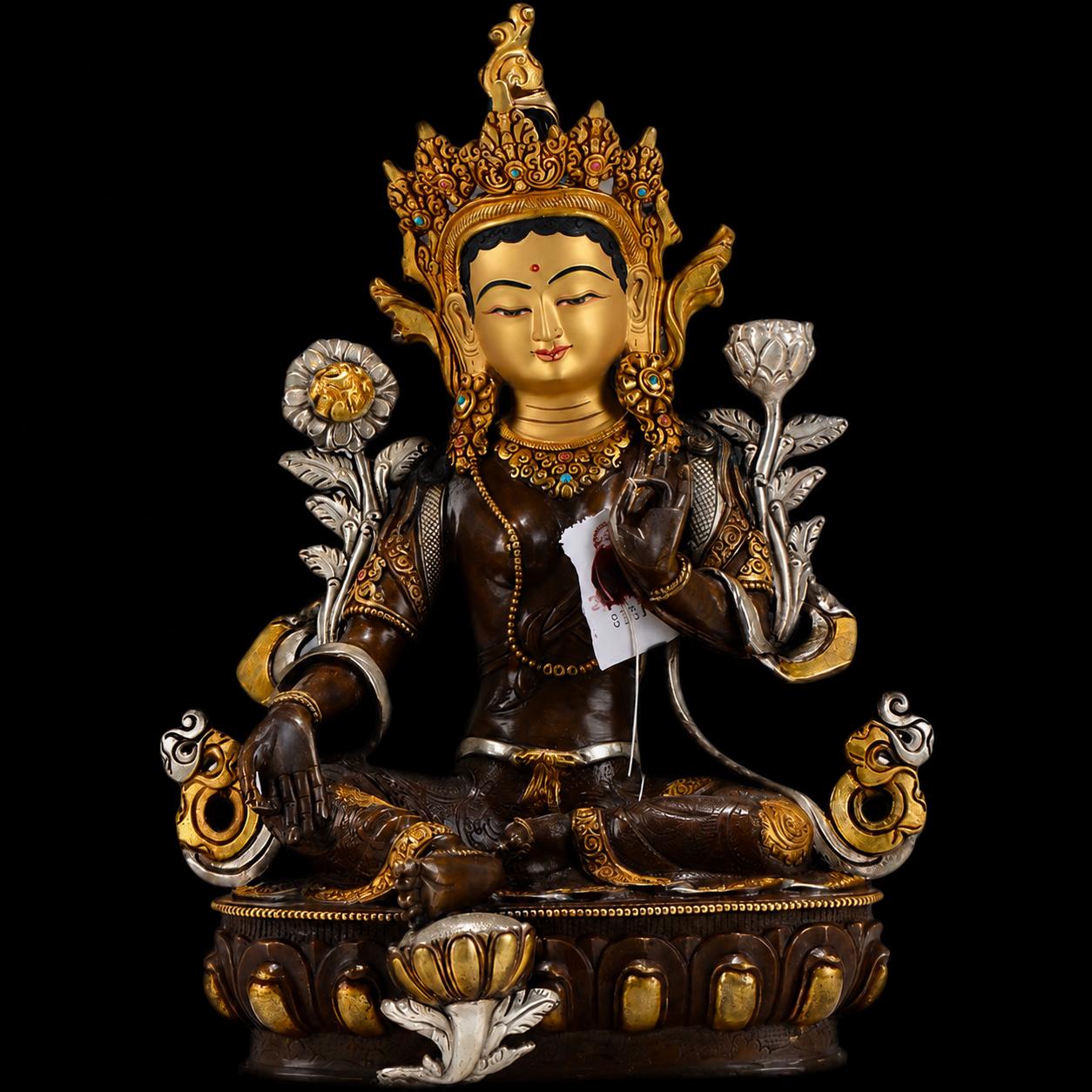 Nepalese Green Tara Statue, Copper Gold Silver Plated Buddhist Goddess Statue, Handmade Tibetan Shrine Altar Home Desktop Decor