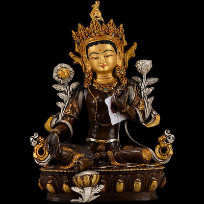 Nepalese Green Tara Statue, Copper Gold Silver Plated Buddhist Goddess Statue, Handmade Tibetan Shrine Altar Home Desktop Decor