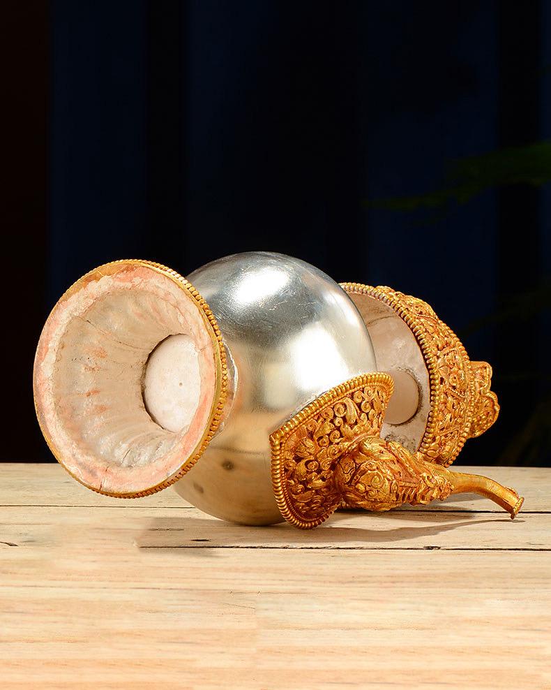 Nepali Handcrafted Copper Gold Silver Plated Bumpa Vase, Tibetan Ritual Water Pitcher, Himalayan Sacred Holy Water Pot Altar Decor