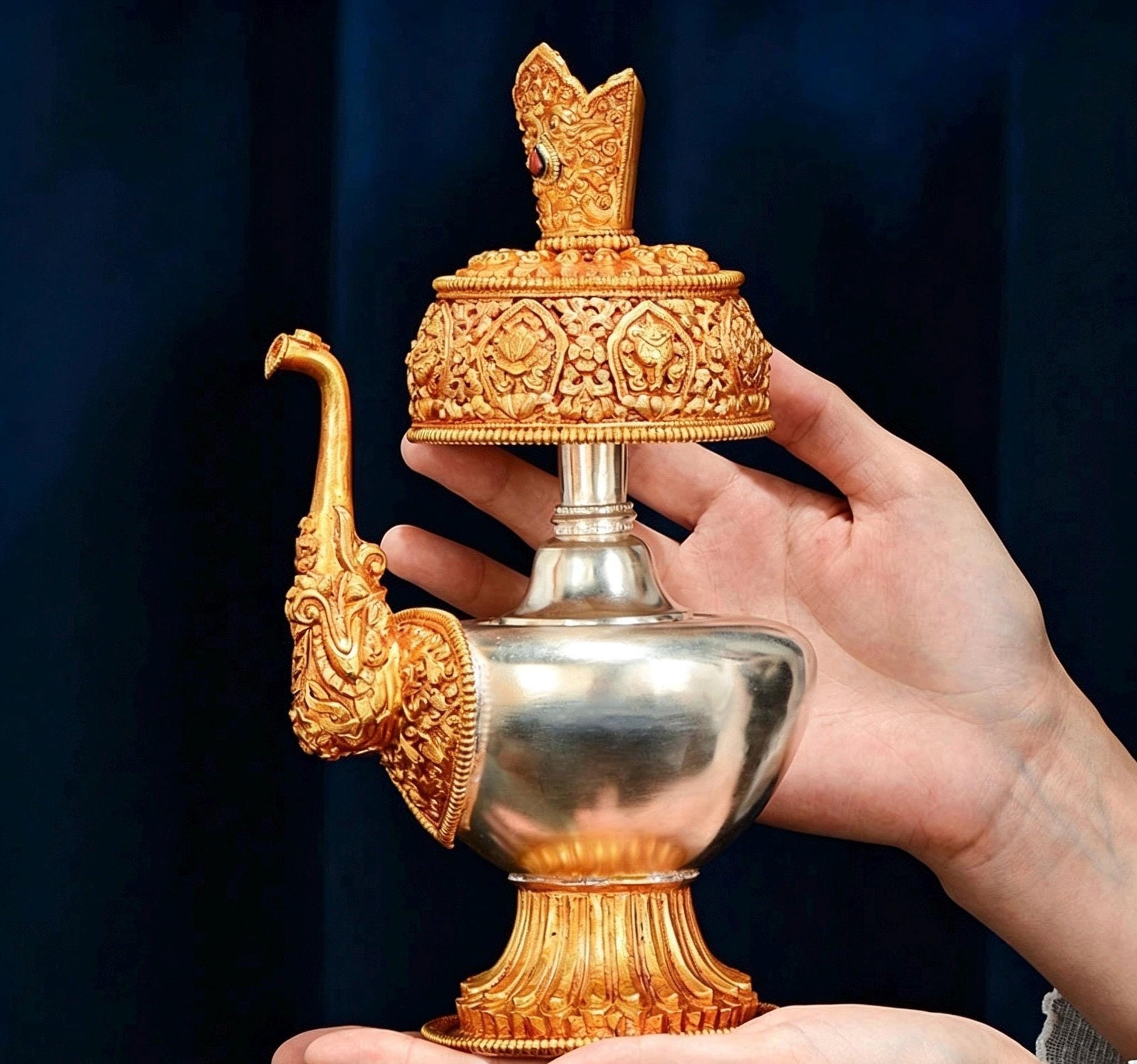 Nepali Handcrafted Copper Gold Silver Plated Bumpa Vase, Tibetan Ritual Water Pitcher, Himalayan Sacred Holy Water Pot Altar Decor