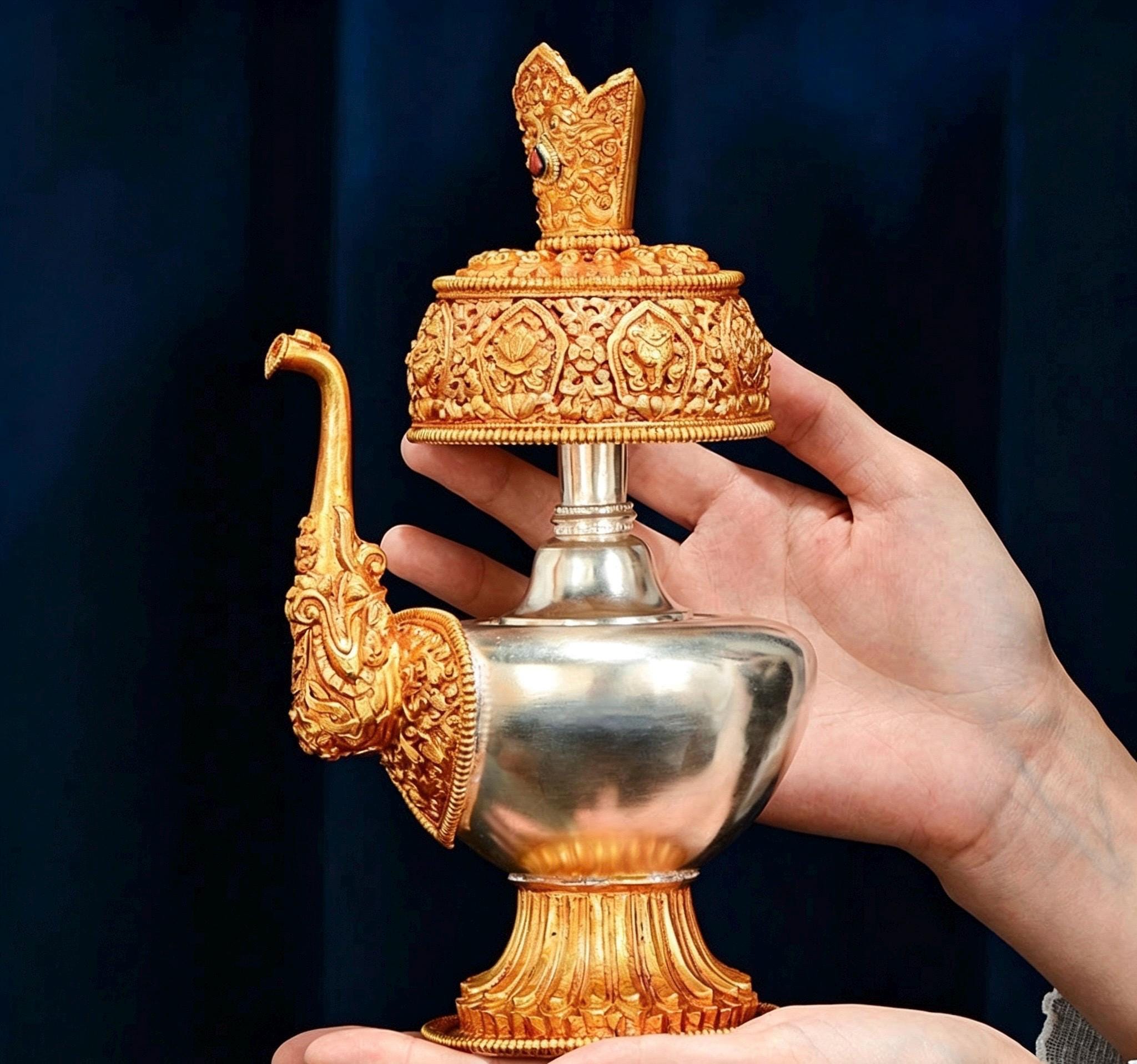 Nepali Handcrafted Copper Gold Silver Plated Bumpa Vase, Tibetan Ritual Water Pitcher, Himalayan Sacred Holy Water Pot Altar Decor