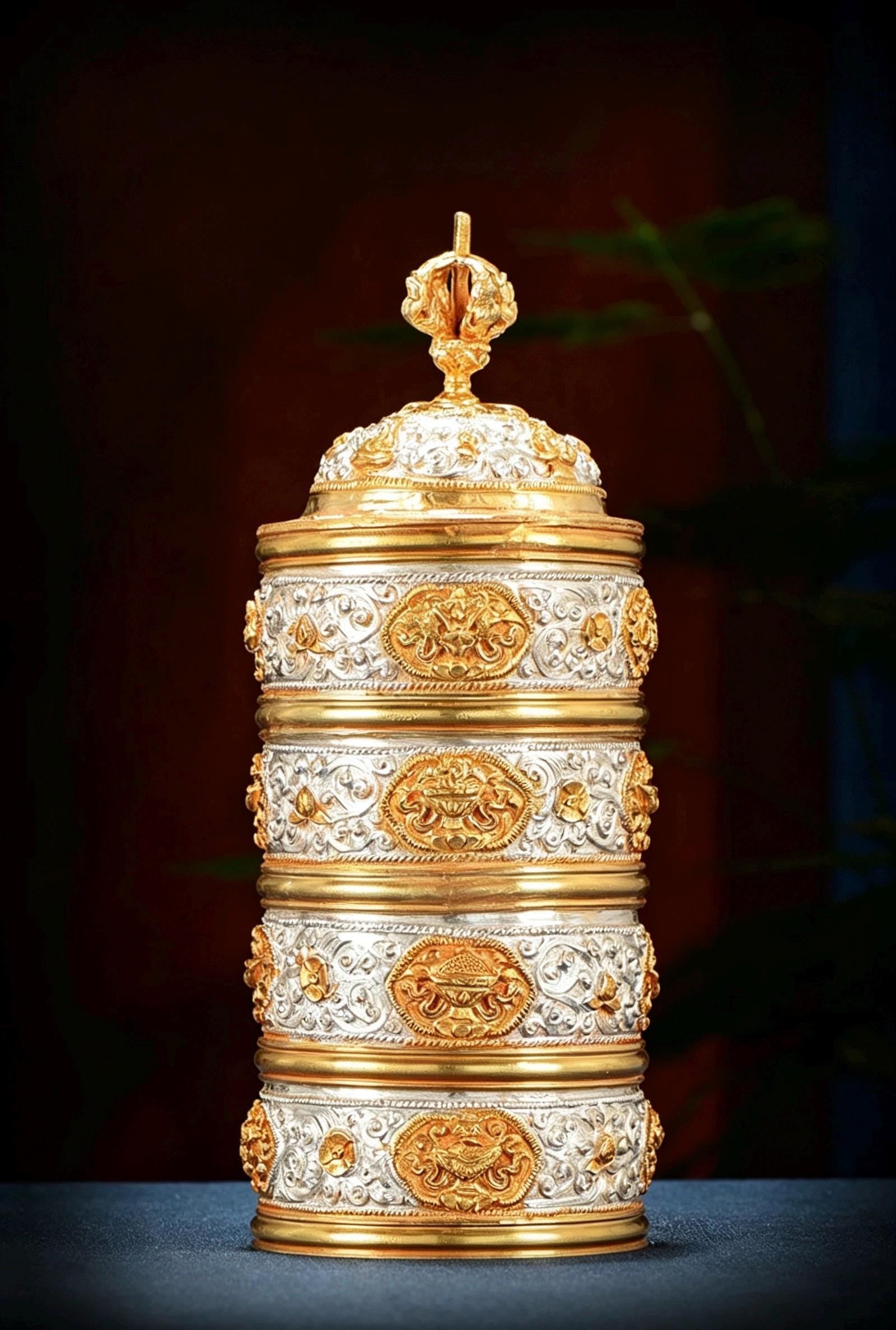 Nepali Handcrafted Copper Gold Silver Plated Bumpa Vase, Tibetan Ritual Water Pitcher, Himalayan Sacred Holy Water Pot Altar Decor