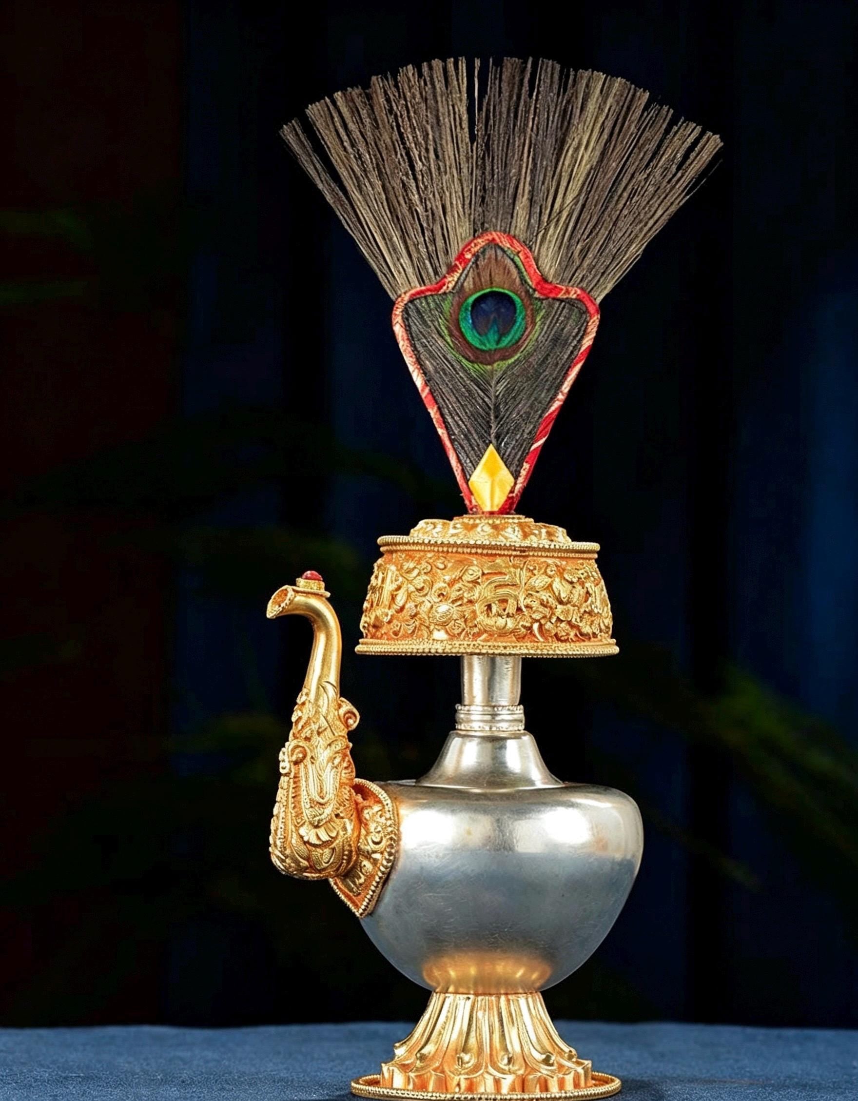 Nepali Handcrafted Copper Gold Silver Plated Bumpa Vase, Tibetan Ritual Water Pitcher, Himalayan Sacred Holy Water Pot Altar Decor