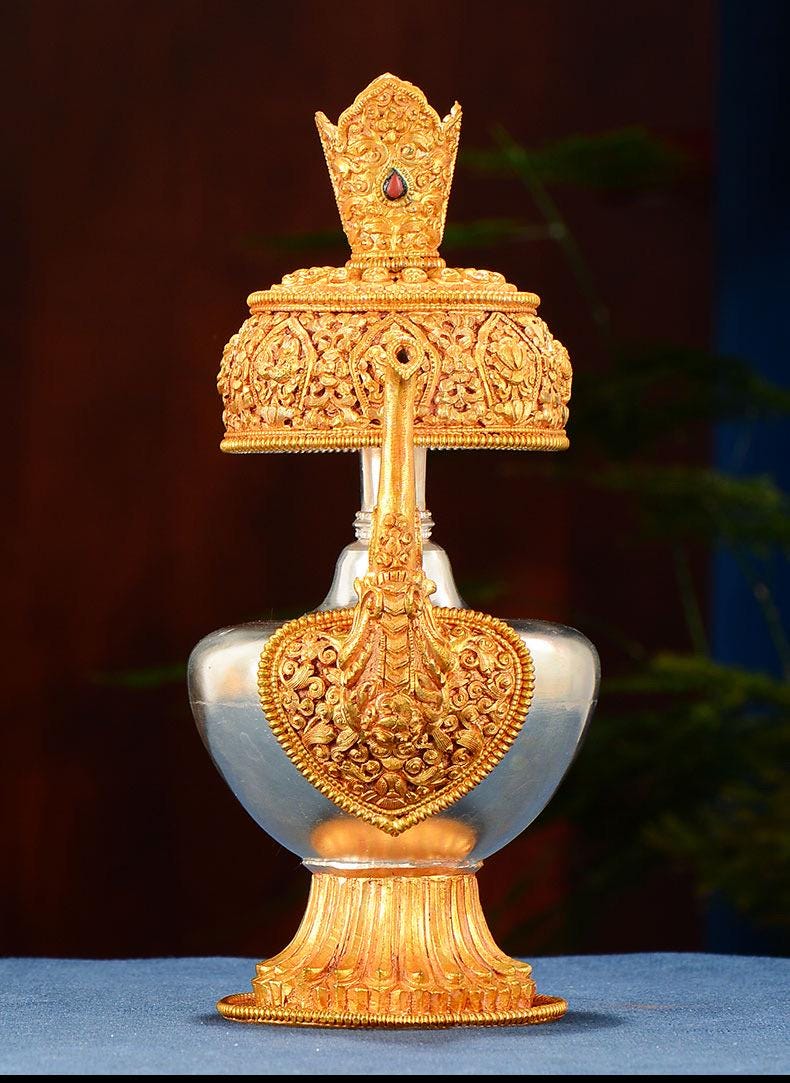 Nepali Handcrafted Copper Gold Silver Plated Bumpa Vase, Tibetan Ritual Water Pitcher, Himalayan Sacred Holy Water Pot Altar Decor