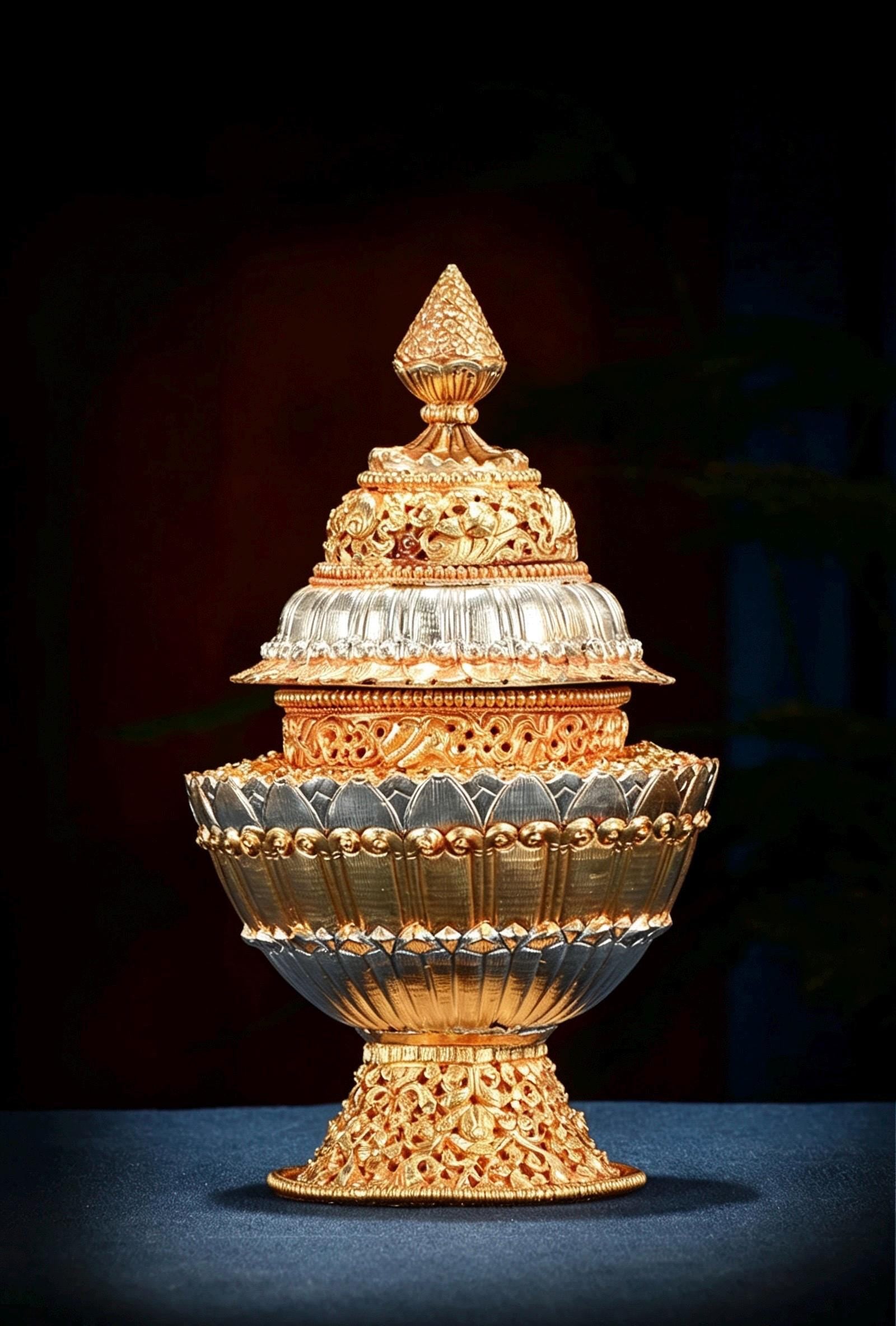Nepali Handcrafted Copper Gold Silver Plated Bumpa Vase, Tibetan Ritual Water Pitcher, Himalayan Sacred Holy Water Pot Altar Decor