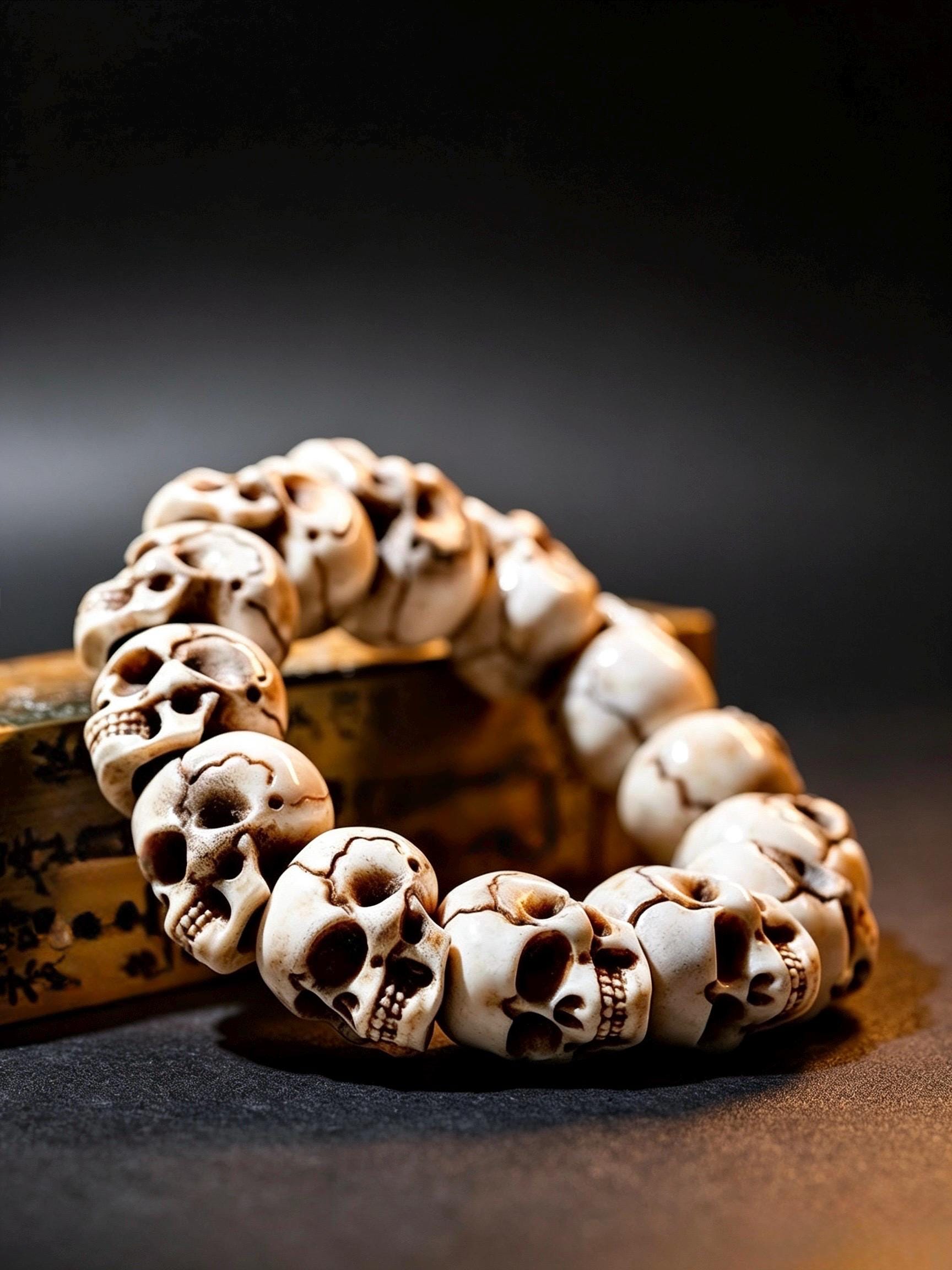 Natural Aged Antler Skull Bead Bracelet – Hand-Carved Charnel Ground Guardian Design