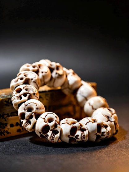 Natural Aged Antler Skull Bead Bracelet – Hand-Carved Charnel Ground Guardian Design
