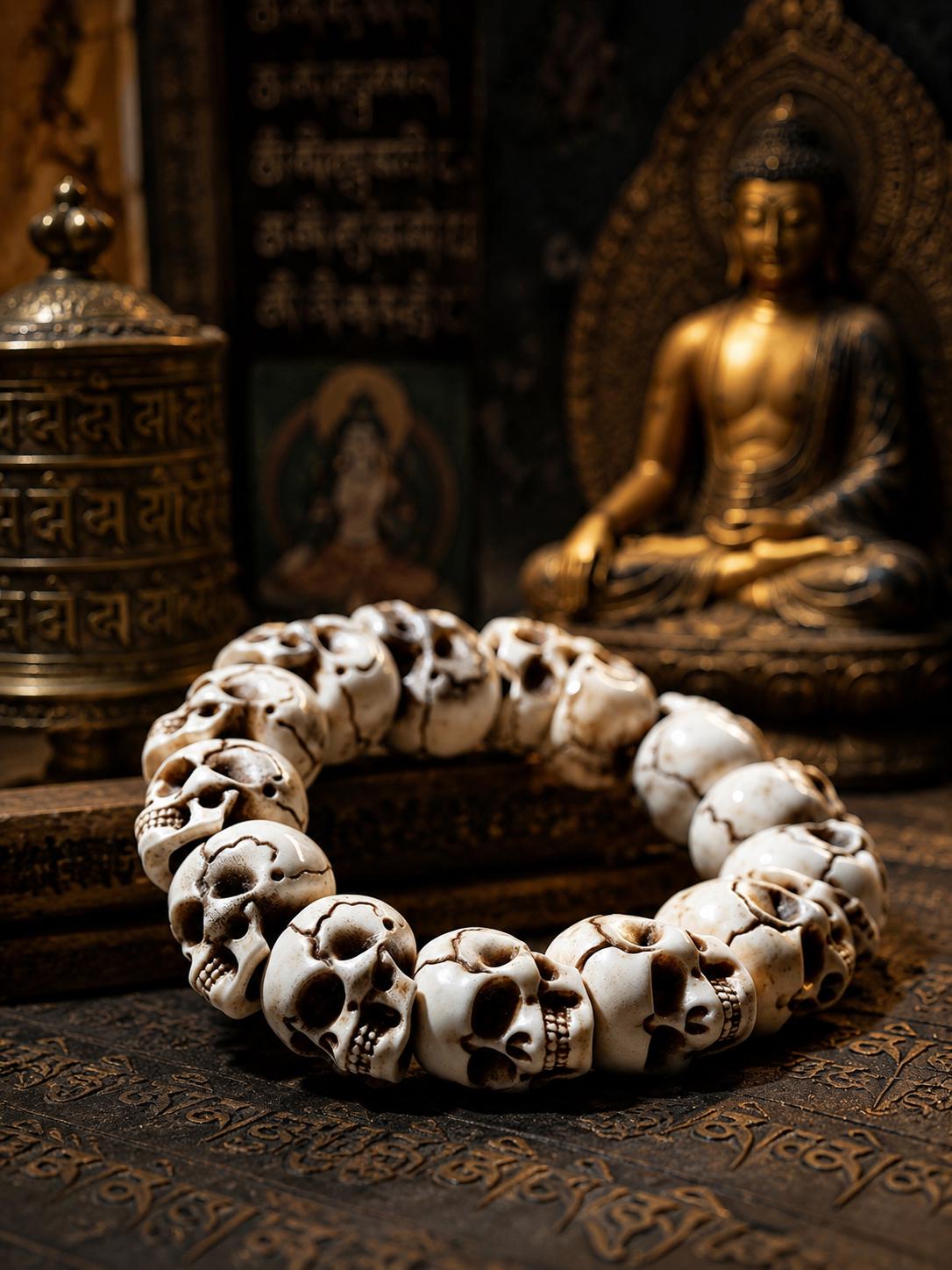 Natural Aged Antler Skull Bead Bracelet – Hand-Carved Charnel Ground Guardian Design