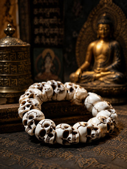 Natural Aged Antler Skull Bead Bracelet – Hand-Carved Charnel Ground Guardian Design