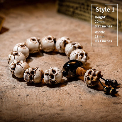 Natural Aged Antler Skull Bead Bracelet – Hand-Carved Charnel Ground Guardian Design