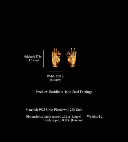 Handmade 925 Silver Gold Buddha Hand Earrings, Dainty Tibetan Mudra Studs, Hypoallergenic Asian Ethnic Jewelry, Gift for Her