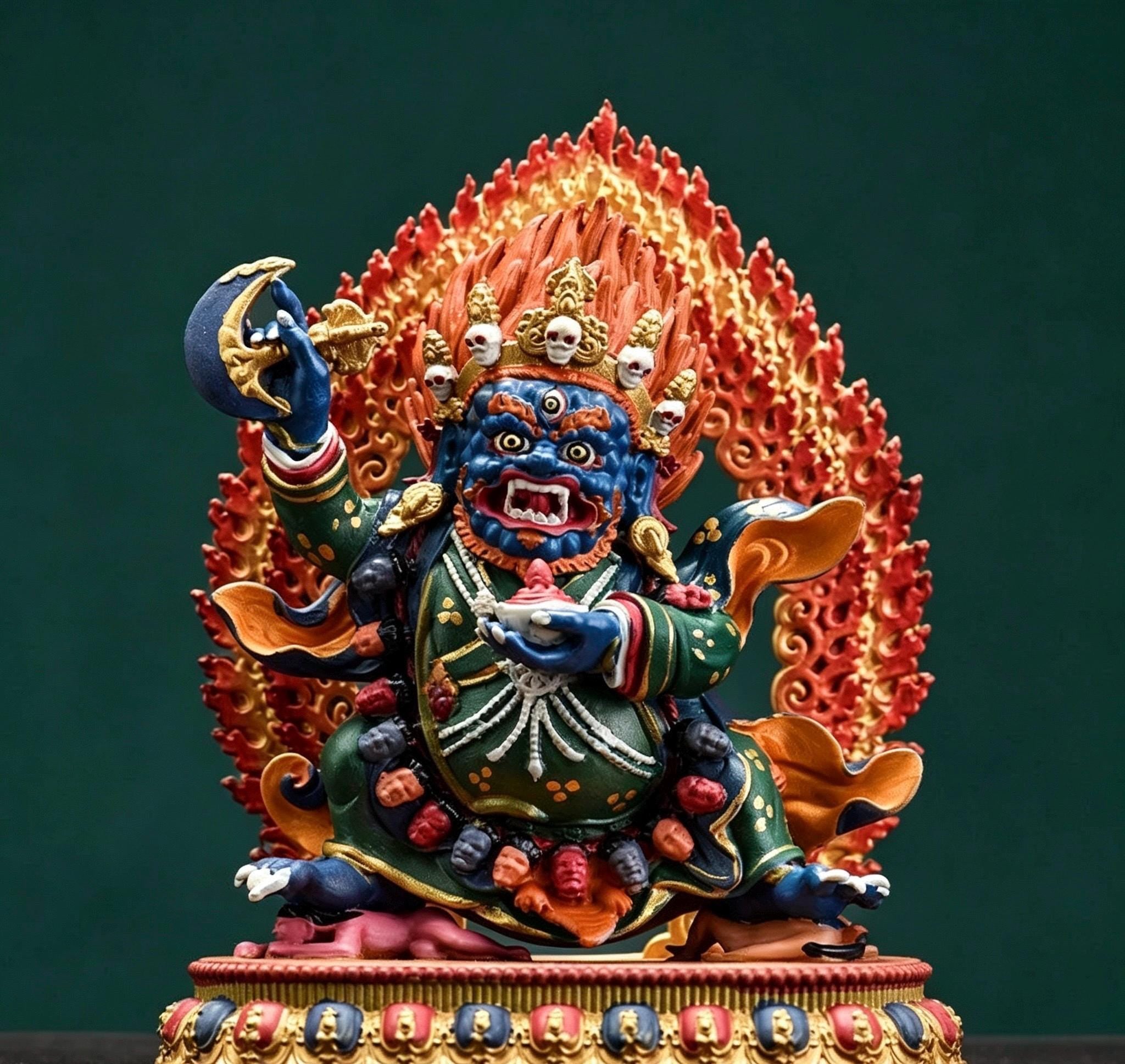 Painted Solid Copper Kagyu Mahakala Statue 11cm, Handcrafted Tibetan Buddhist Guardian Deity, Portable Vajrayana Altar Decor Gift