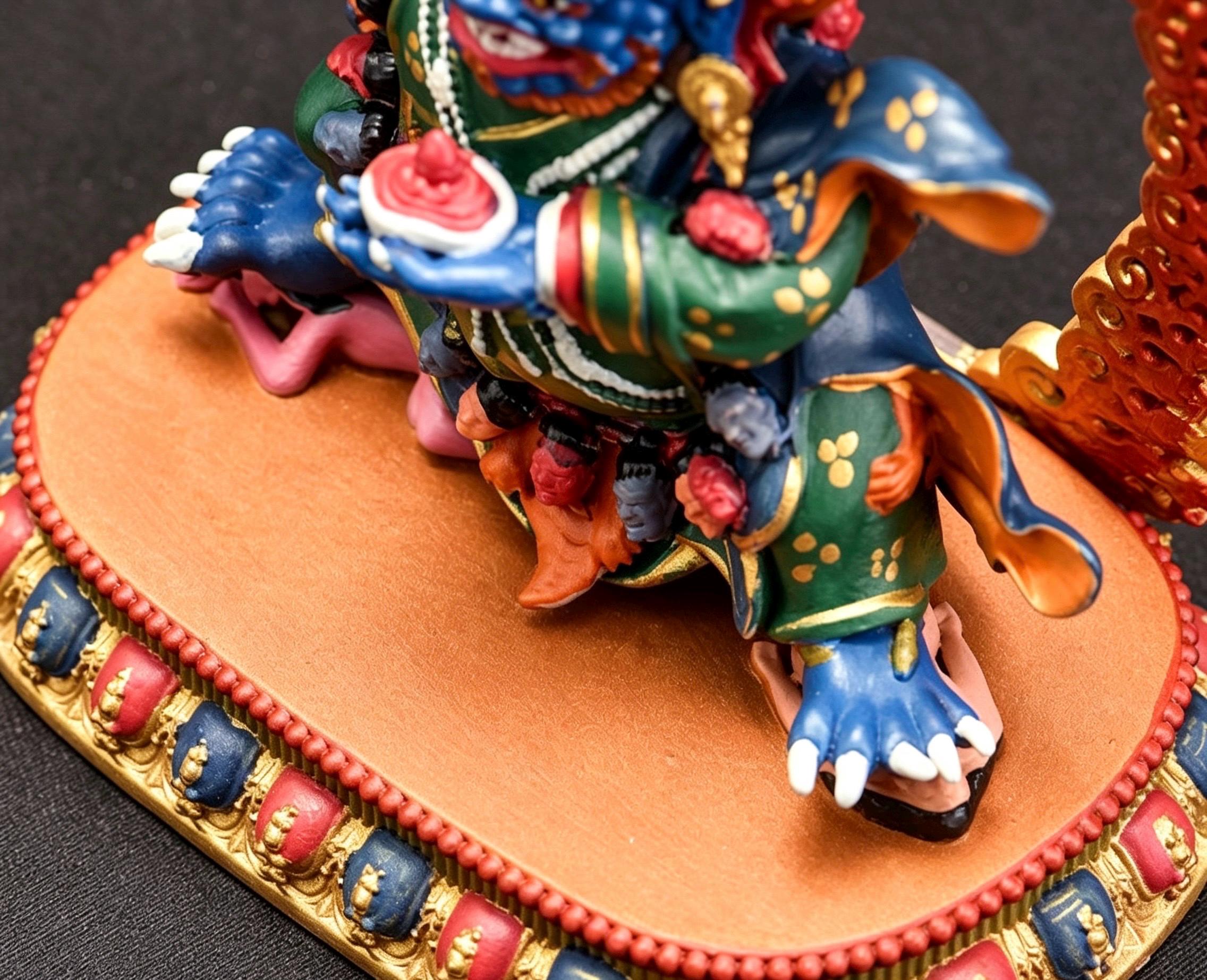 Painted Solid Copper Kagyu Mahakala Statue 11cm, Handcrafted Tibetan Buddhist Guardian Deity, Portable Vajrayana Altar Decor Gift