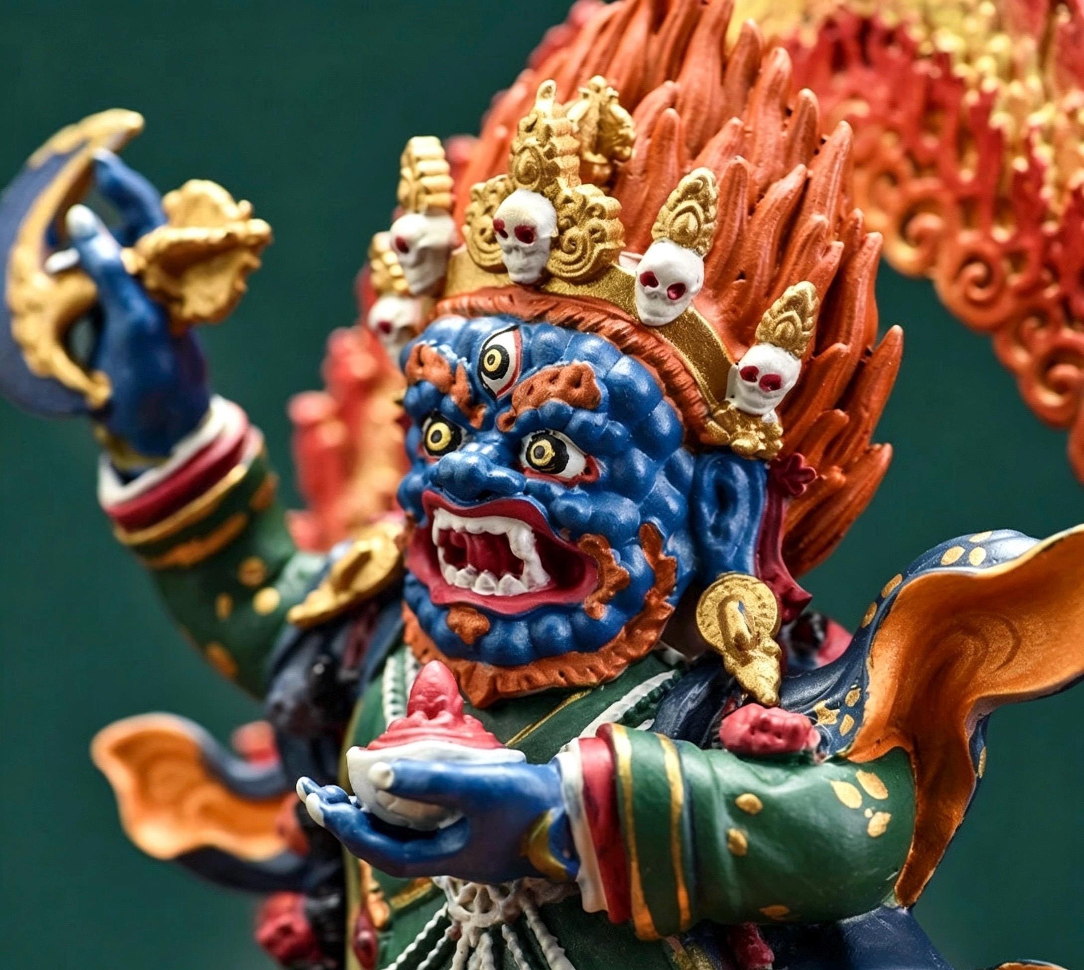 Painted Solid Copper Kagyu Mahakala Statue 11cm, Handcrafted Tibetan Buddhist Guardian Deity, Portable Vajrayana Altar Decor Gift