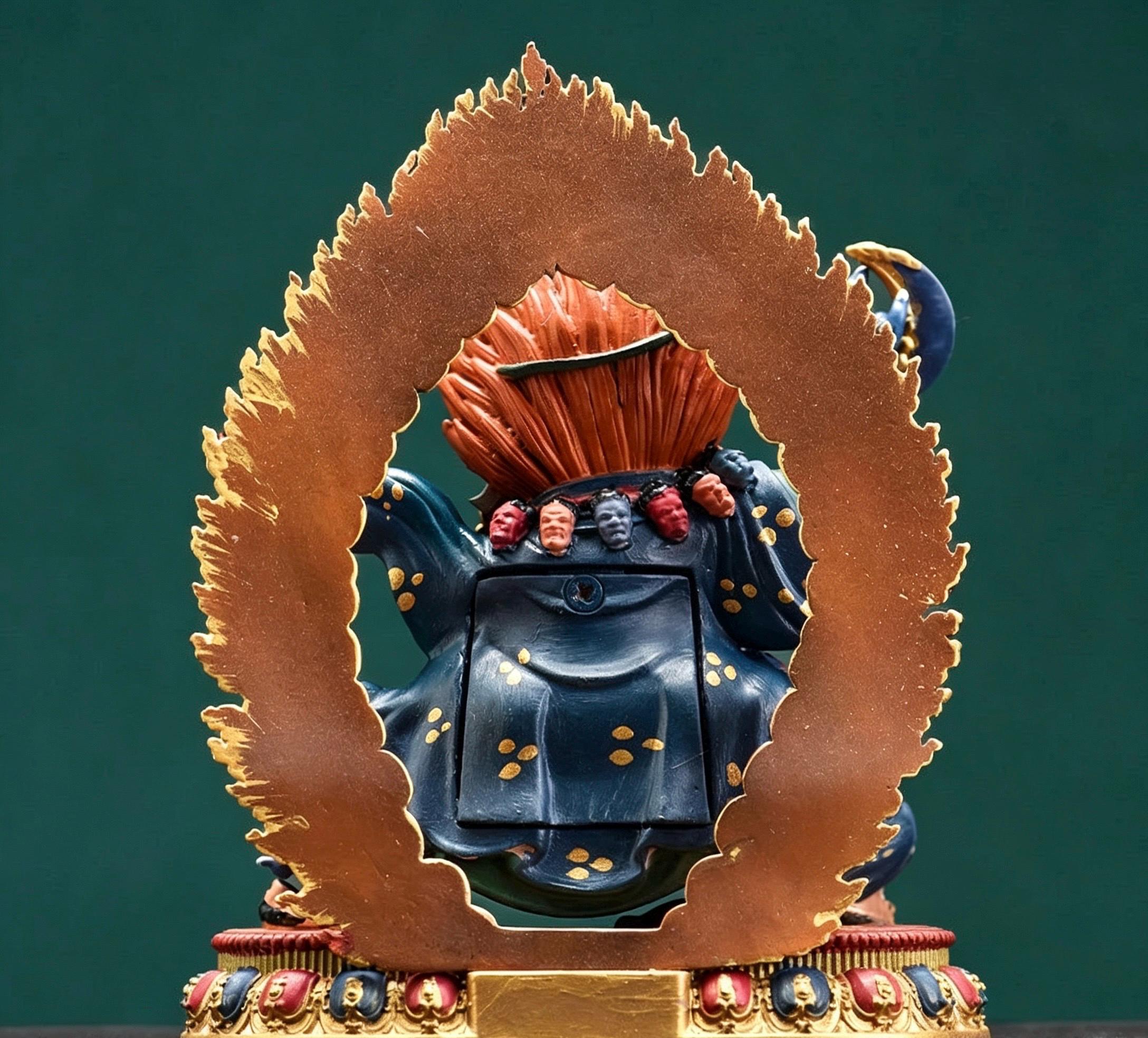Painted Solid Copper Kagyu Mahakala Statue 11cm, Handcrafted Tibetan Buddhist Guardian Deity, Portable Vajrayana Altar Decor Gift