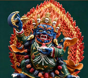 Painted Solid Copper Kagyu Mahakala Statue 11cm, Handcrafted Tibetan Buddhist Guardian Deity, Portable Vajrayana Altar Decor Gift