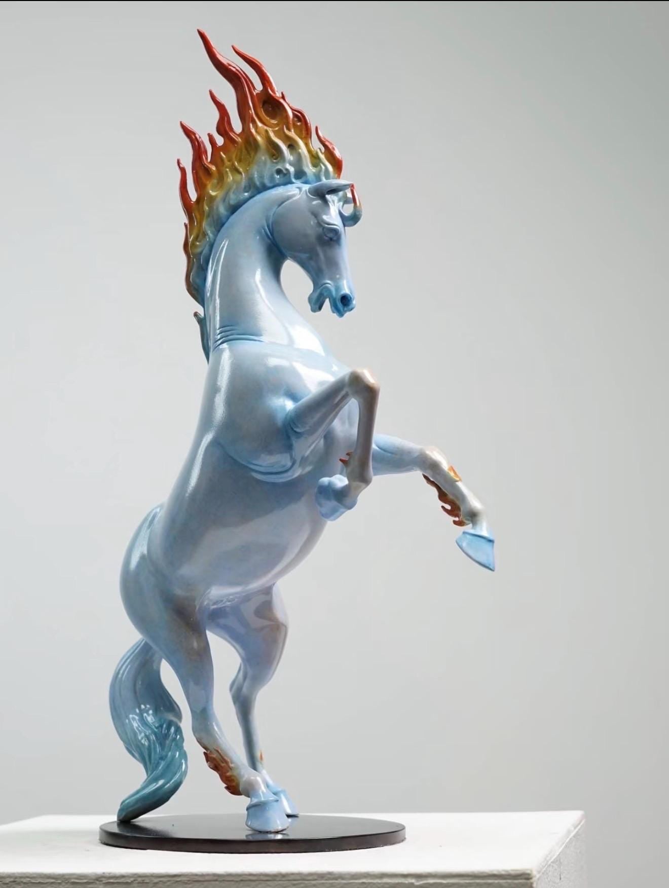 Blazing Flame Mane Horse Statue, Ceramic Rearing Horse Sculpture, Feng Shui Horse Decor, Symbol of Strength & Success, 17.7 in