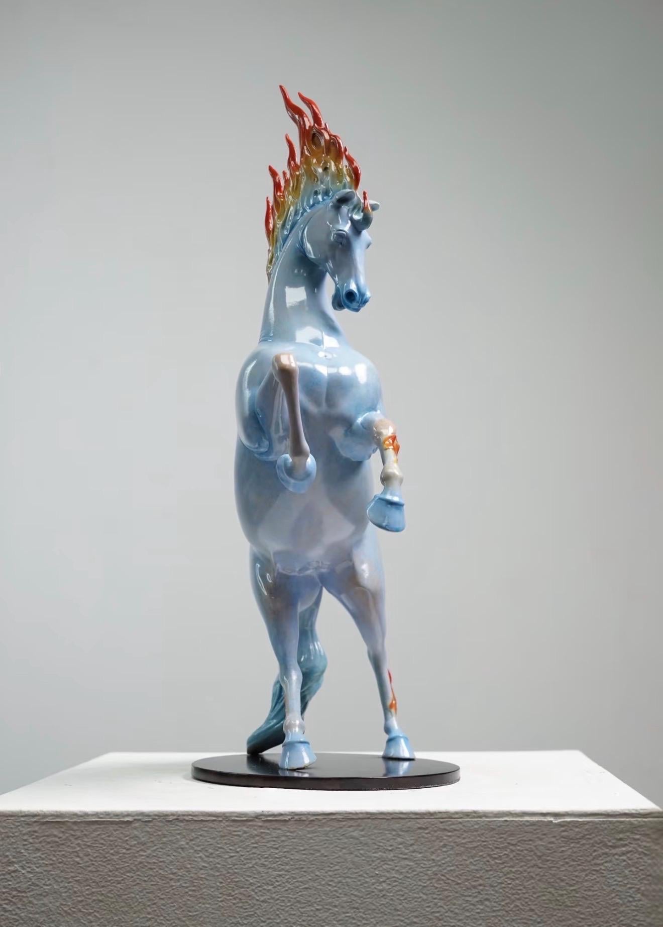 Blazing Flame Mane Horse Statue, Ceramic Rearing Horse Sculpture, Feng Shui Horse Decor, Symbol of Strength & Success, 17.7 in