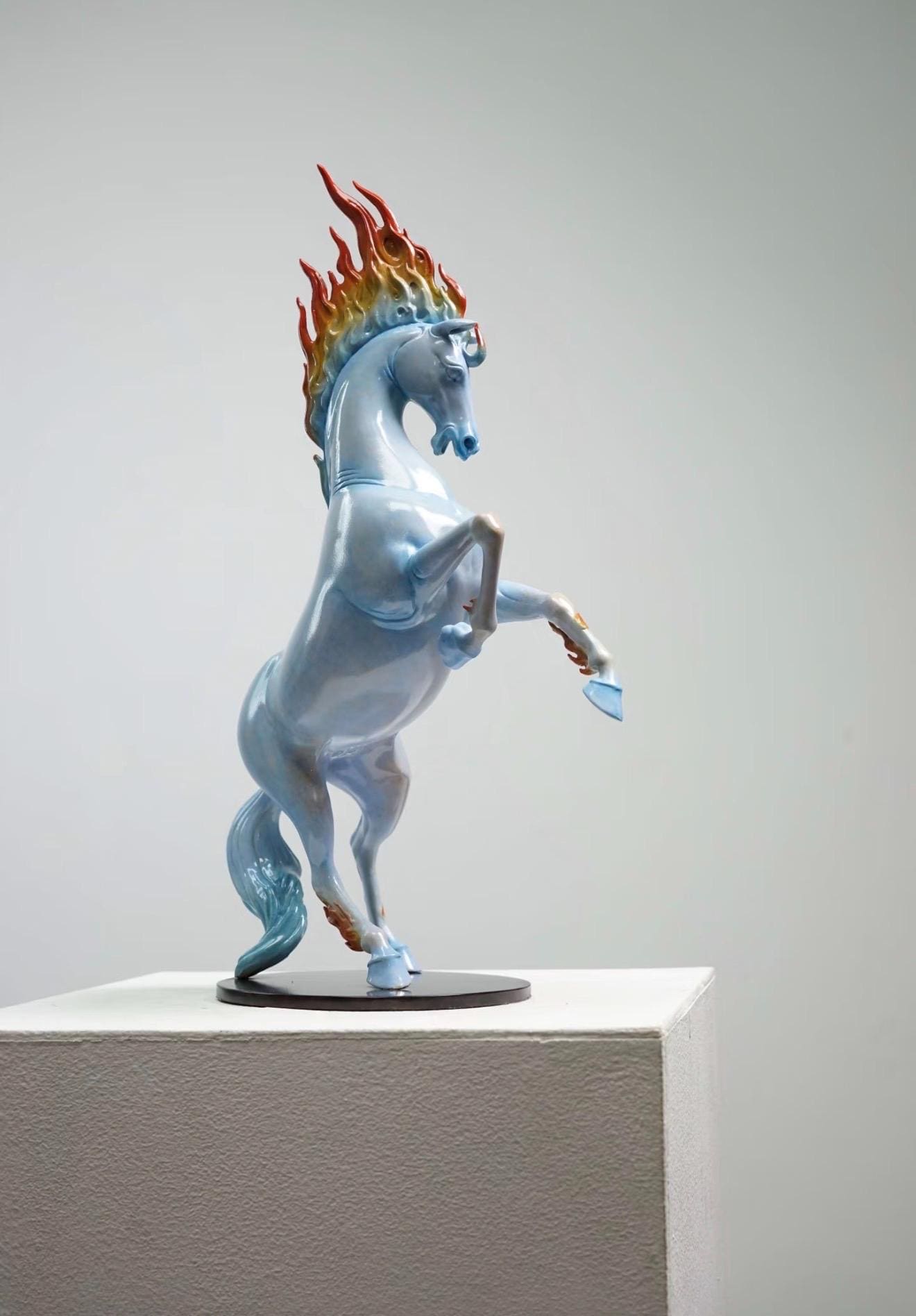 Blazing Flame Mane Horse Statue, Ceramic Rearing Horse Sculpture, Feng Shui Horse Decor, Symbol of Strength & Success, 17.7 in