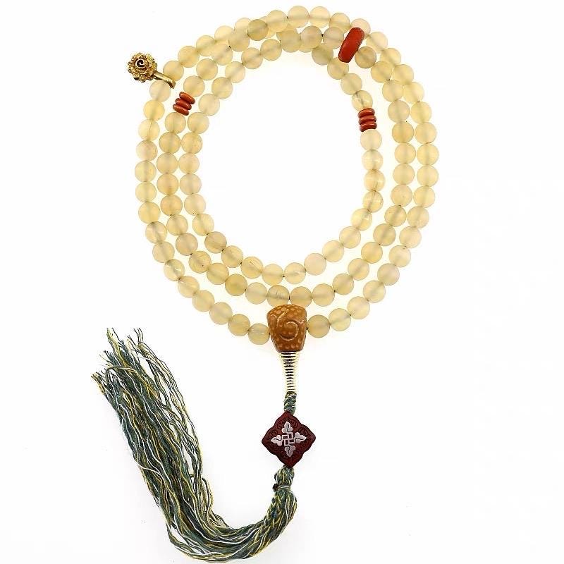 EverestArtStudios Natural Tibetan Sheep Horn Mala 108 Beads, Buddhist Prayer Beads, Handmade Meditation Mala, Tibetan Rosary, Spiritual Gift