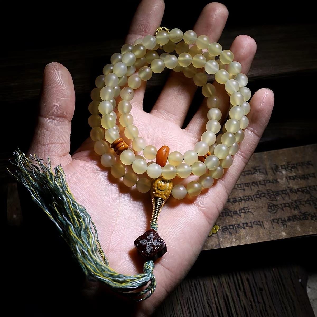EverestArtStudios Natural Tibetan Sheep Horn Mala 108 Beads, Buddhist Prayer Beads, Handmade Meditation Mala, Tibetan Rosary, Spiritual Gift