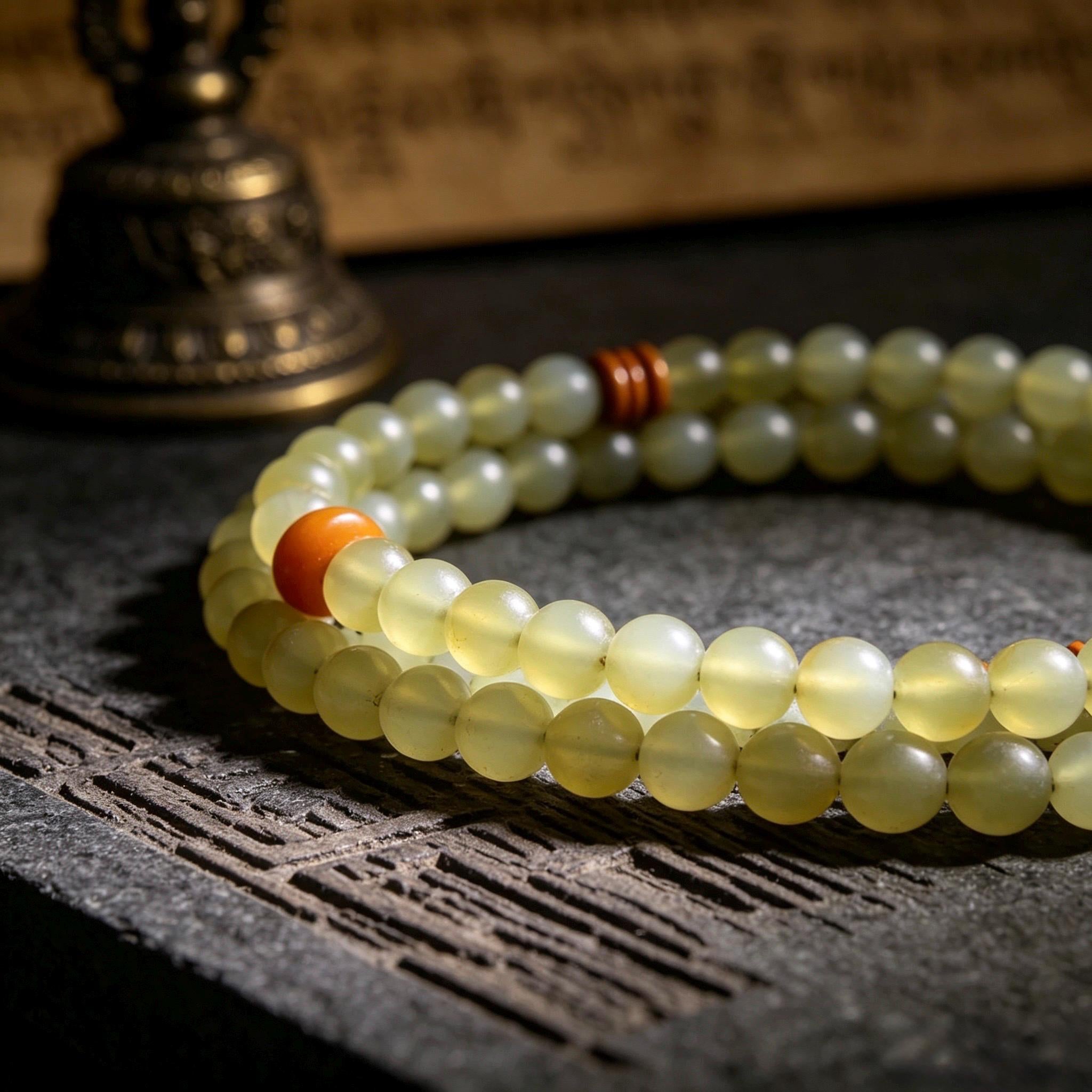 EverestArtStudios Natural Tibetan Sheep Horn Mala 108 Beads, Buddhist Prayer Beads, Handmade Meditation Mala, Tibetan Rosary, Spiritual Gift