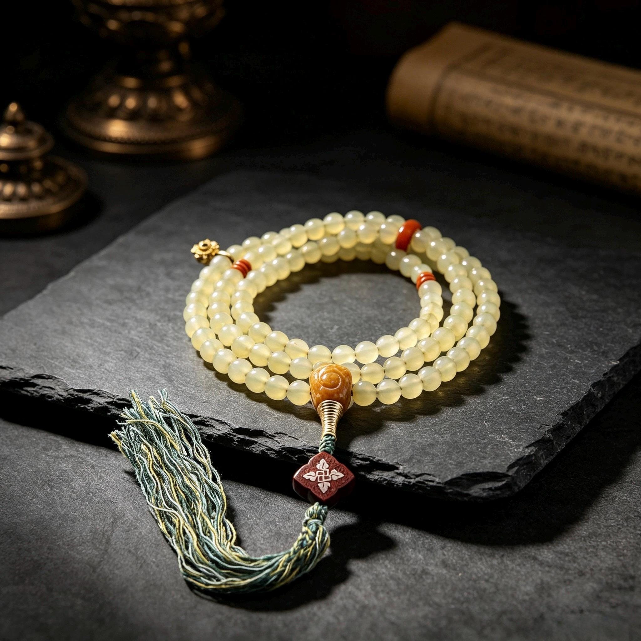 EverestArtStudios Natural Tibetan Sheep Horn Mala 108 Beads, Buddhist Prayer Beads, Handmade Meditation Mala, Tibetan Rosary, Spiritual Gift