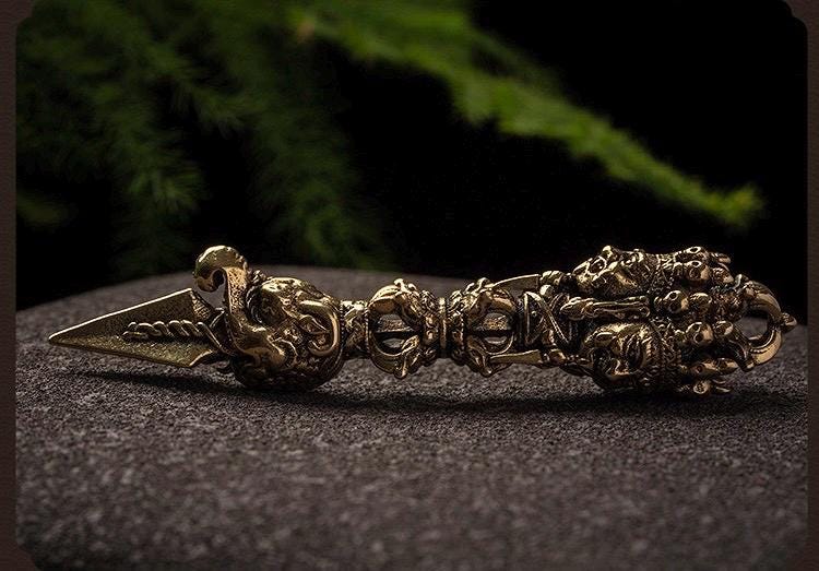 Nepalese Copper Three Faced Phurba Pendant, Handcrafted Ucchusma Kila Dagger Amulet, Sacred Tibetan Buddhist Protection Necklace Jewelry