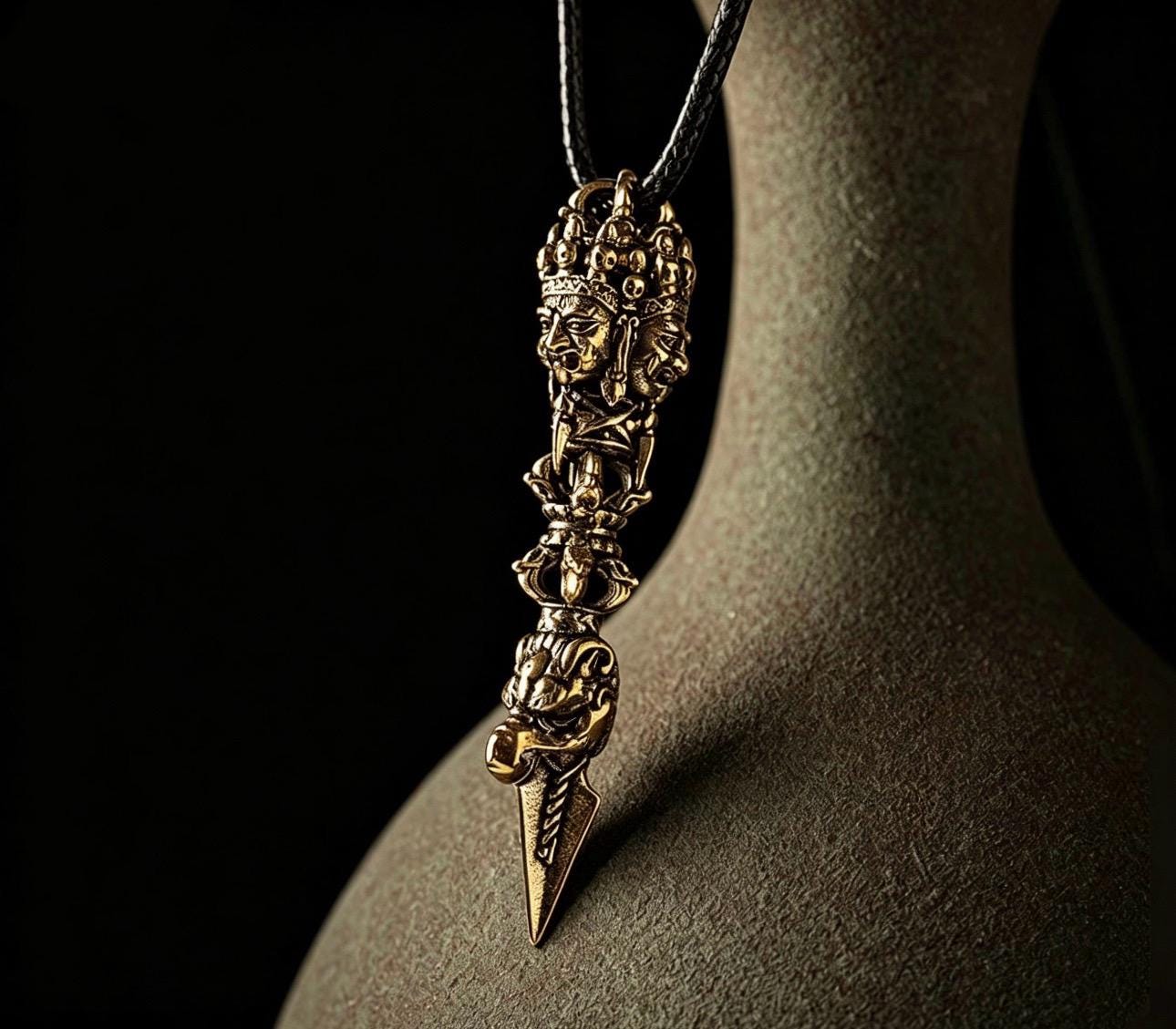 Nepalese Copper Three Faced Phurba Pendant, Handcrafted Ucchusma Kila Dagger Amulet, Sacred Tibetan Buddhist Protection Necklace Jewelry