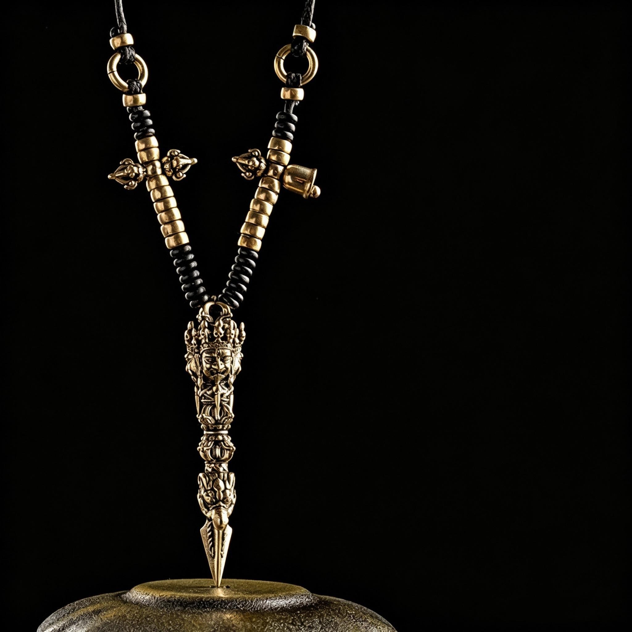 Nepalese Copper Three Faced Phurba Pendant, Handcrafted Ucchusma Kila Dagger Amulet, Sacred Tibetan Buddhist Protection Necklace Jewelry