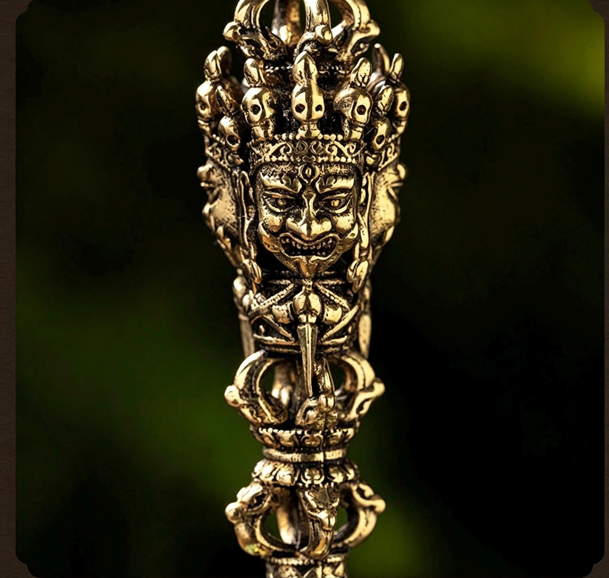 Nepalese Copper Three Faced Phurba Pendant, Handcrafted Ucchusma Kila Dagger Amulet, Sacred Tibetan Buddhist Protection Necklace Jewelry