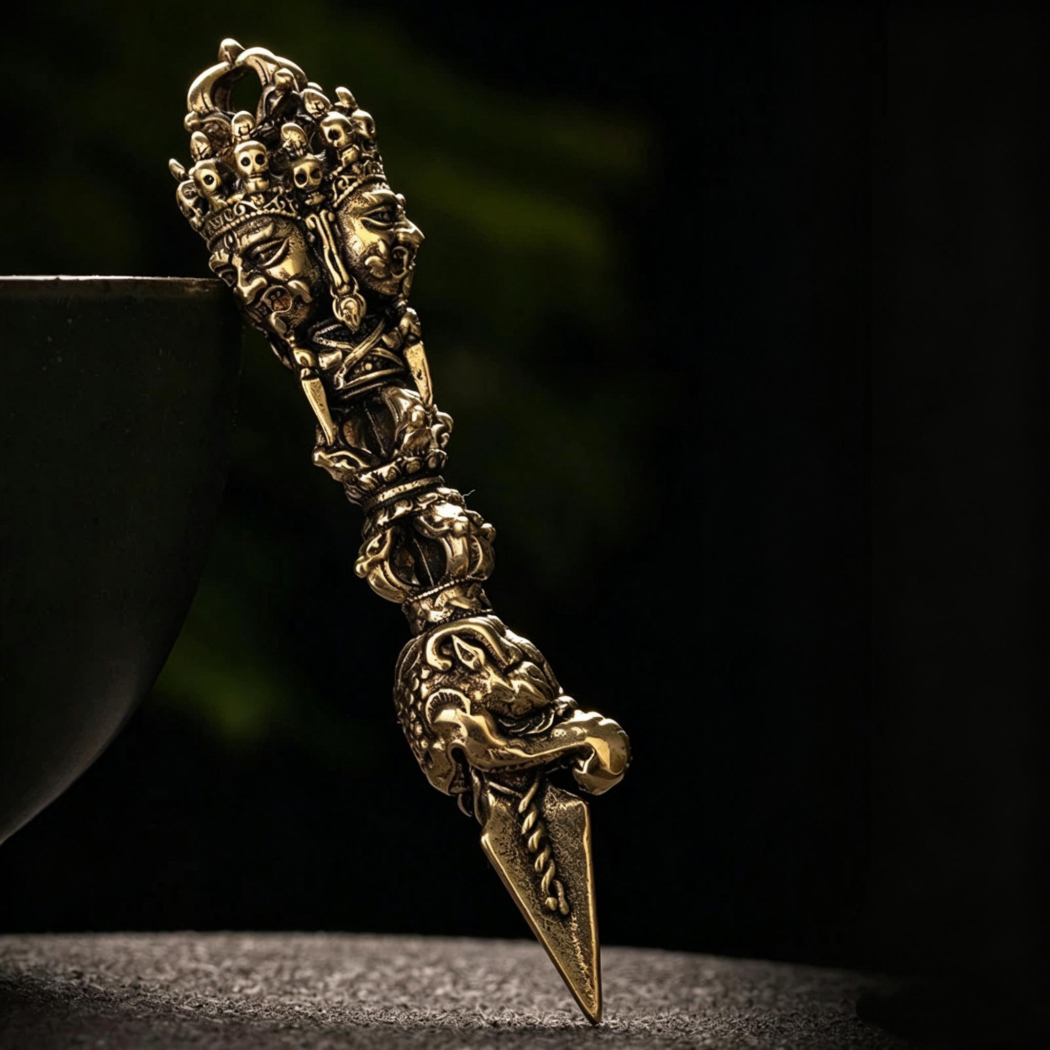 Nepalese Copper Three Faced Phurba Pendant, Handcrafted Ucchusma Kila Dagger Amulet, Sacred Tibetan Buddhist Protection Necklace Jewelry