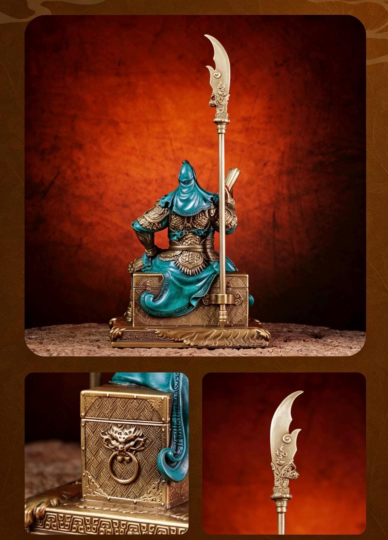 Brass Guan Yu Statue Reading Spring and Autumn Annals, Chinese Wealth God Guan Gong Figurine, Feng Shui Desk Decor Business Gift