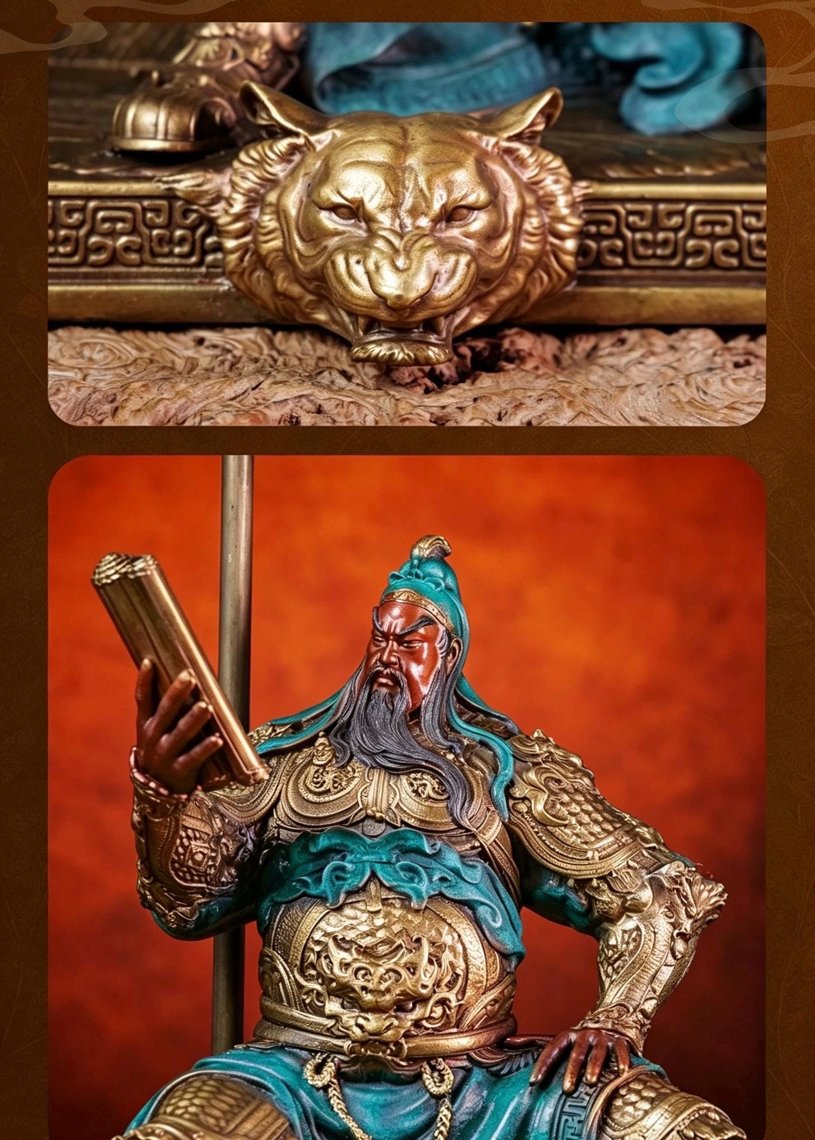 Brass Guan Yu Statue Reading Spring and Autumn Annals, Chinese Wealth God Guan Gong Figurine, Feng Shui Desk Decor Business Gift