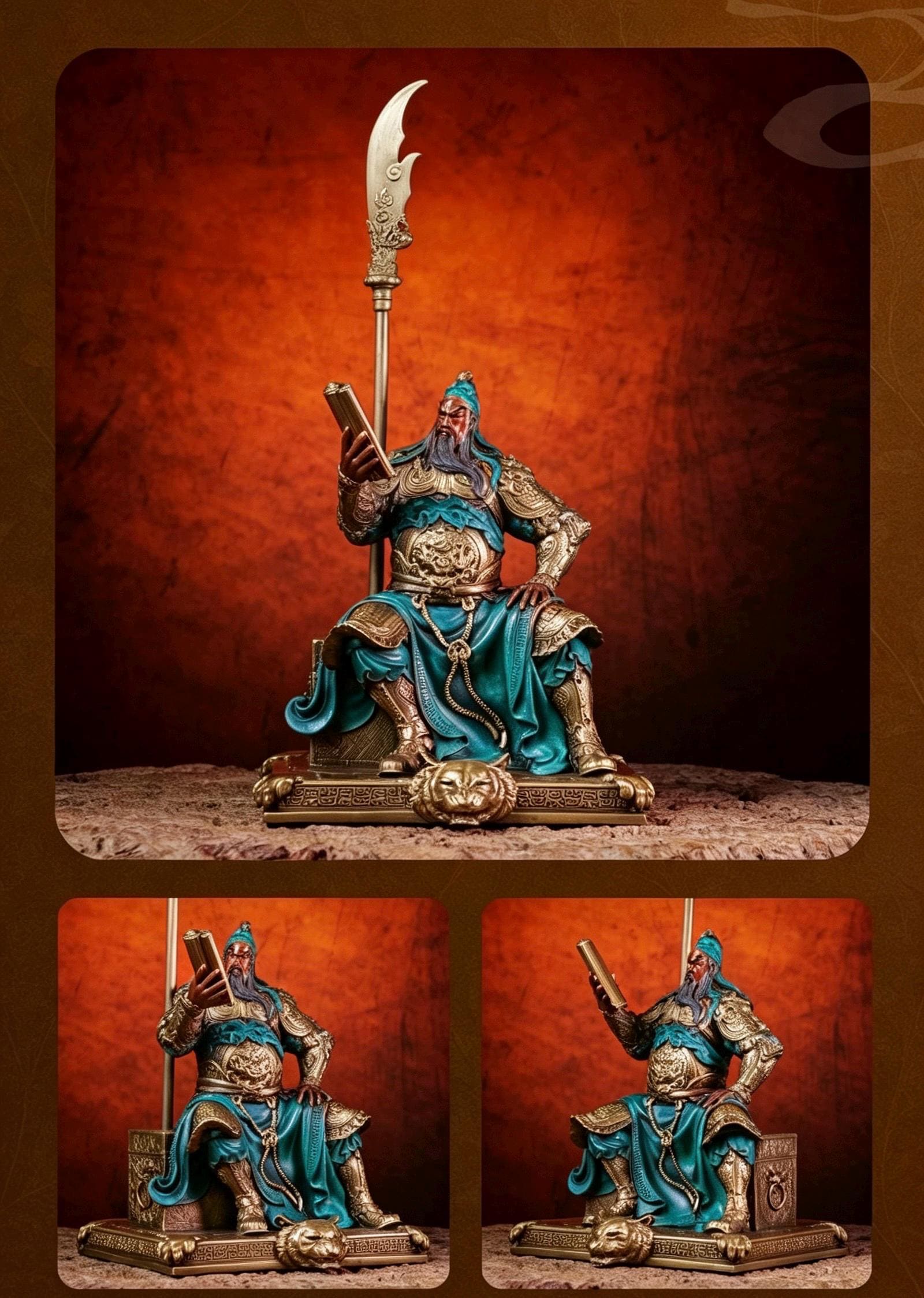 Brass Guan Yu Statue Reading Spring and Autumn Annals, Chinese Wealth God Guan Gong Figurine, Feng Shui Desk Decor Business Gift