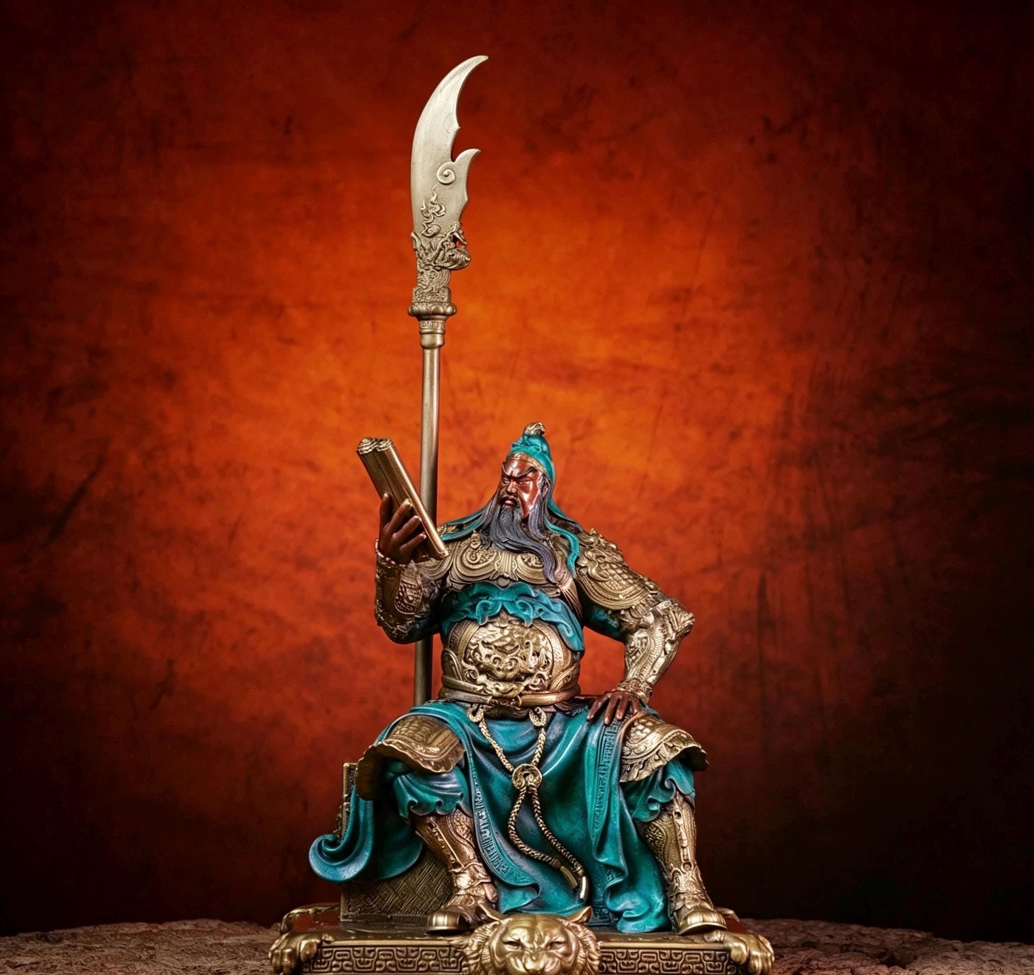 Brass Guan Yu Statue Reading Spring and Autumn Annals, Chinese Wealth God Guan Gong Figurine, Feng Shui Desk Decor Business Gift