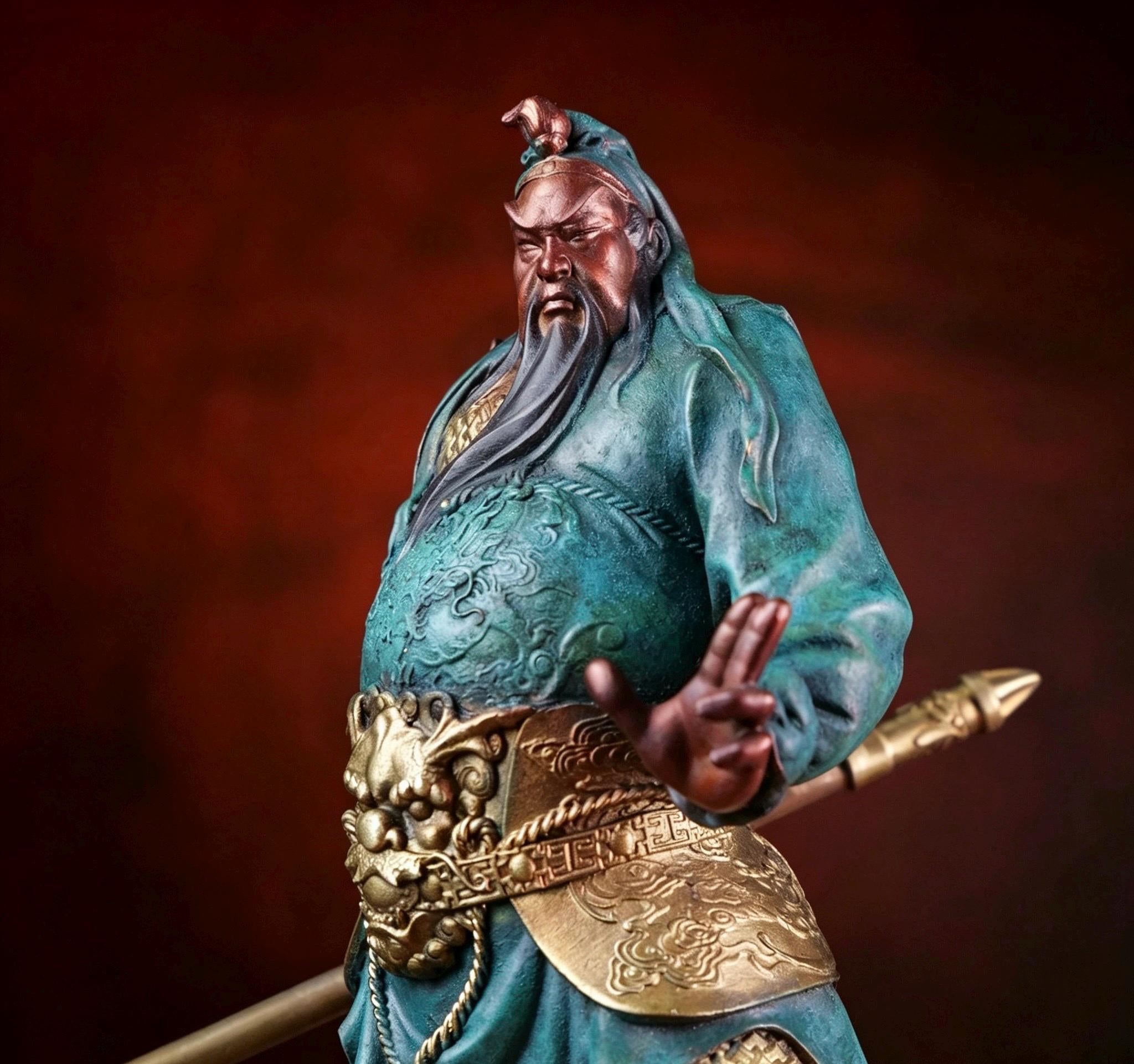 Brass Guan Yu Statue Holding Guandao, Chinese Wealth God Guan Gong Figurine, Small Feng Shui Desk Decor Business Opening Gift