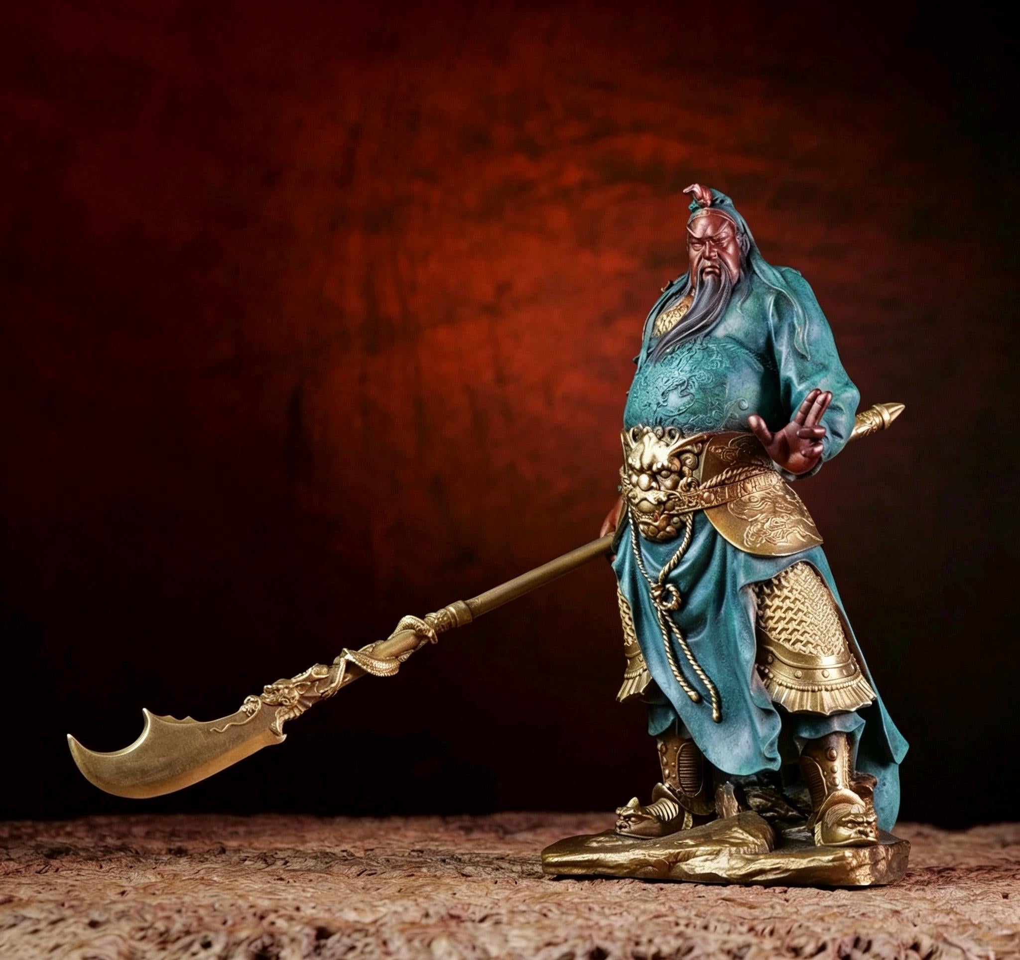 Brass Guan Yu Statue Holding Guandao, Chinese Wealth God Guan Gong Figurine, Small Feng Shui Desk Decor Business Opening Gift