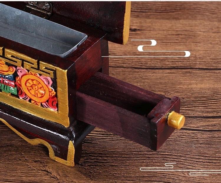 Nepalese Handpainted Wooden Tibetan Incense Burner Box, Eight Auspicious Symbols Incense Holder, Vintage Sacred Buddhist Home Decor Gift