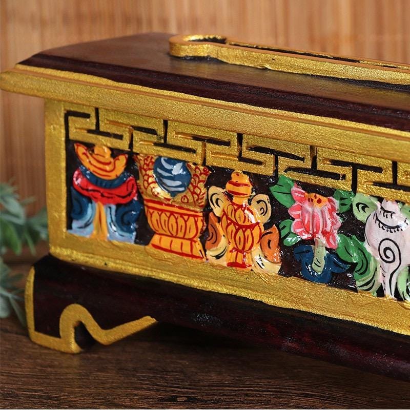 Nepalese Handpainted Wooden Tibetan Incense Burner Box, Eight Auspicious Symbols Incense Holder, Vintage Sacred Buddhist Home Decor Gift