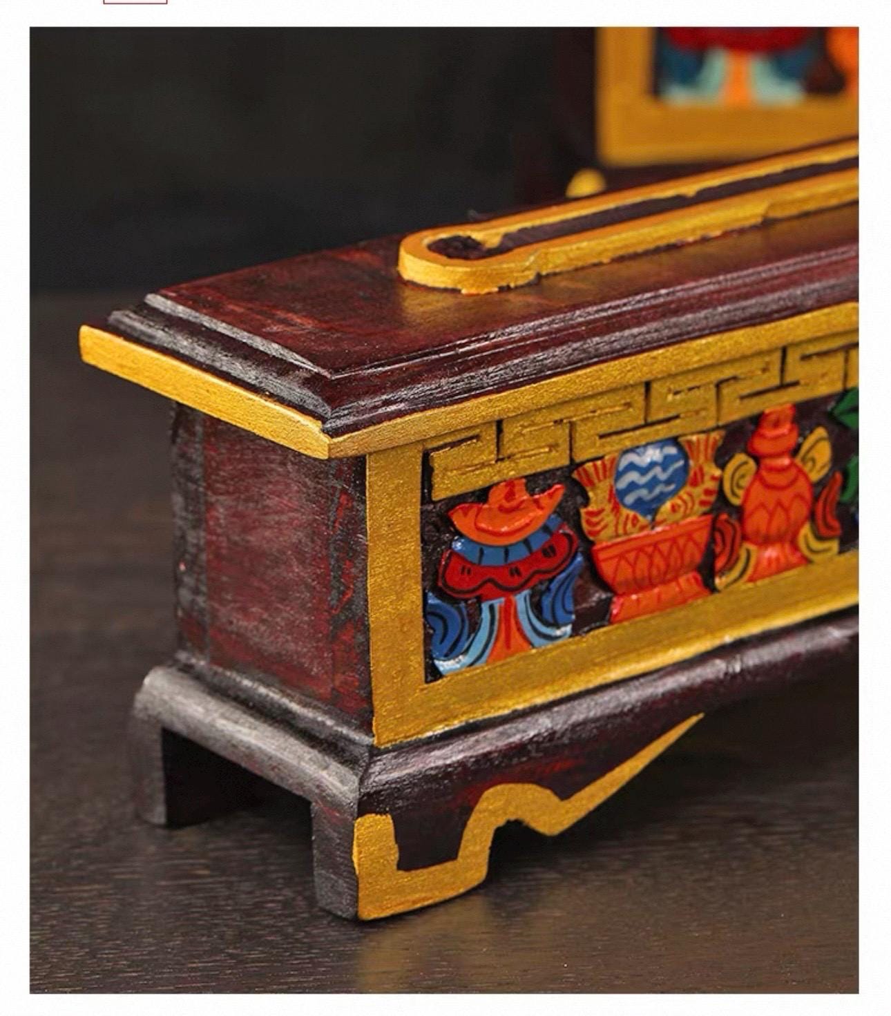 Nepalese Handpainted Wooden Tibetan Incense Burner Box, Eight Auspicious Symbols Incense Holder, Vintage Sacred Buddhist Home Decor Gift