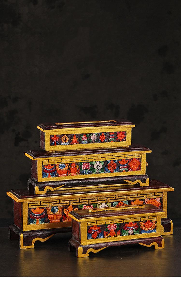 Nepalese Handpainted Wooden Tibetan Incense Burner Box, Eight Auspicious Symbols Incense Holder, Vintage Sacred Buddhist Home Decor Gift