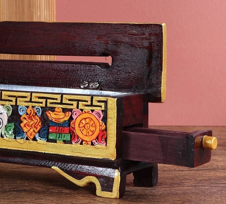 Nepalese Handpainted Wooden Tibetan Incense Burner Box, Eight Auspicious Symbols Incense Holder, Vintage Sacred Buddhist Home Decor Gift